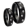 Paw Print Beveled Edges Brush Black Tungsten Bridal Ring Sets