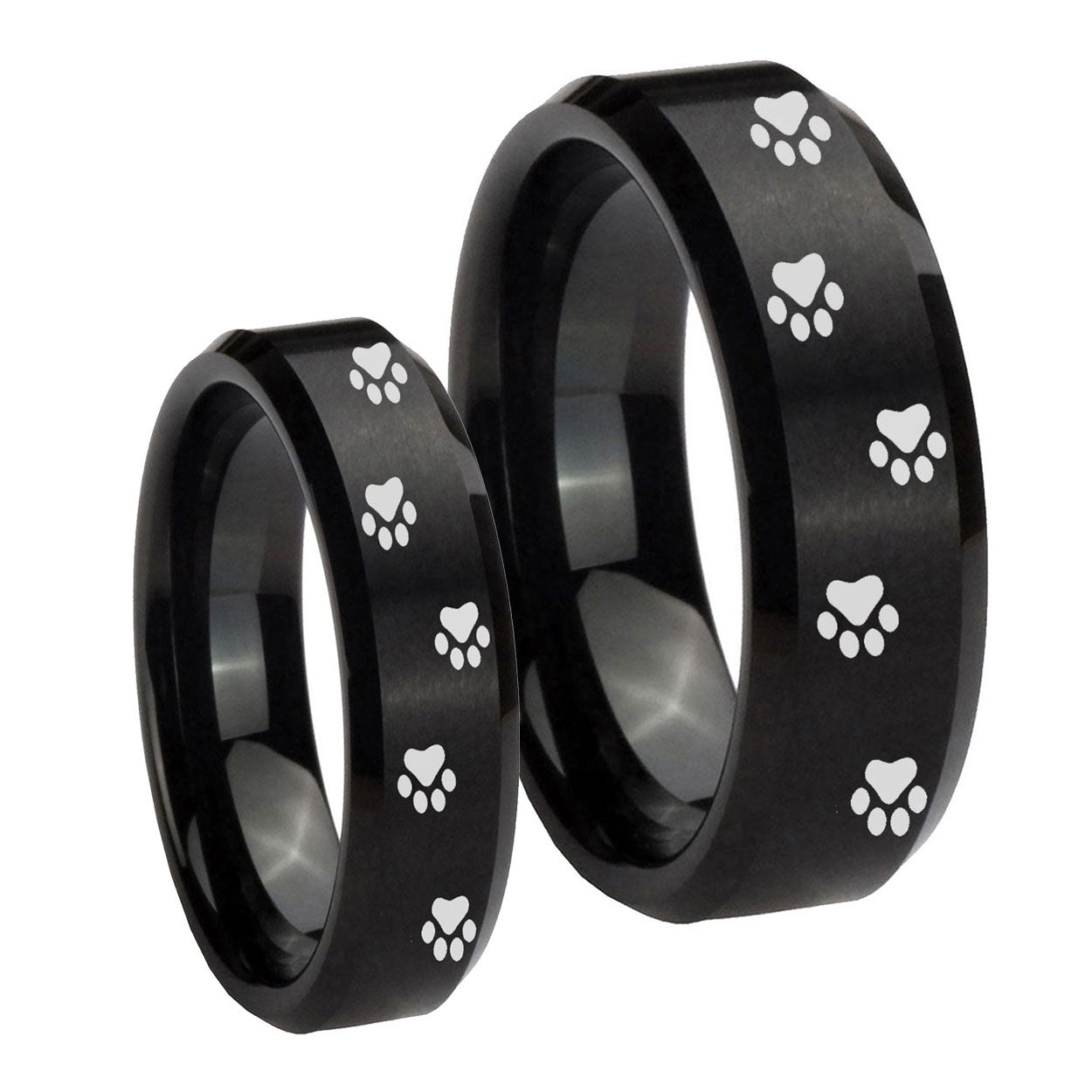 Paw Print Beveled Edges Brush Black Tungsten Bridal Ring Sets