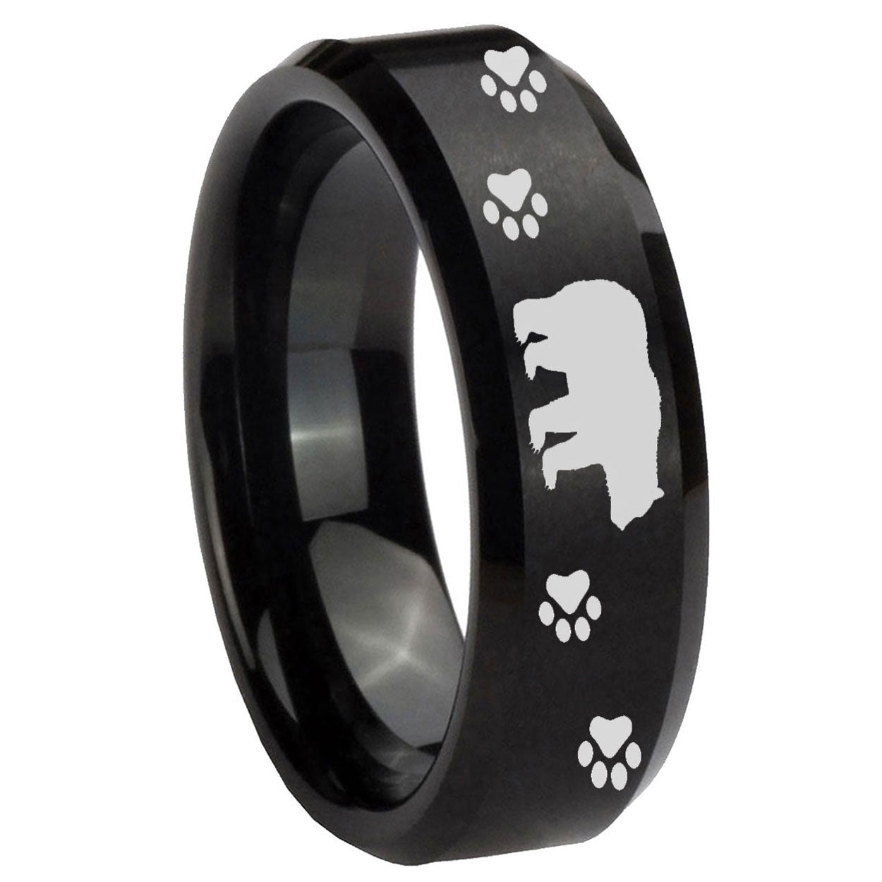 10mm Bear and Paw Beveled Edges Brush Black Tungsten Carbide Mens Ring