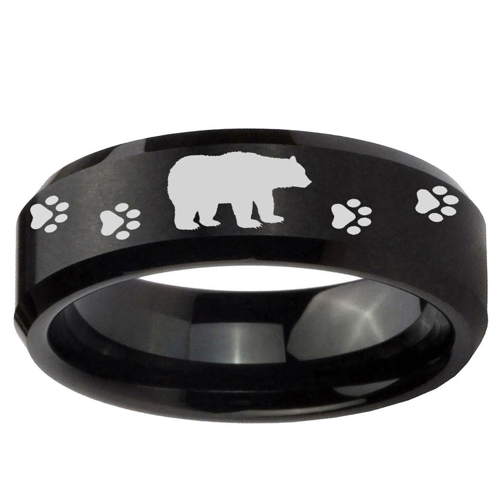 10mm Bear and Paw Beveled Edge Brush Black Tungsten Carbide Mens Ring