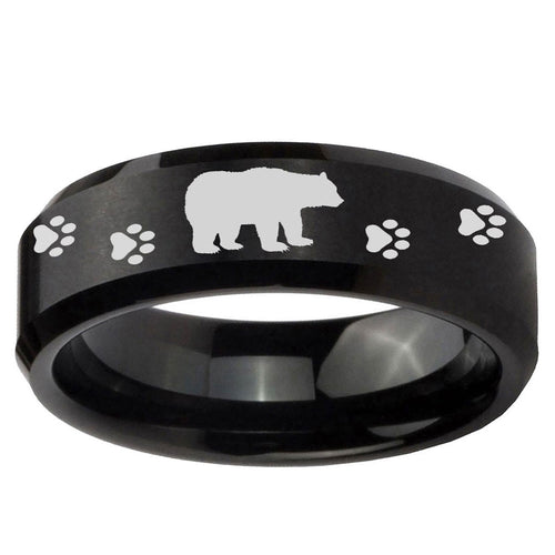 10mm Bear and Paw Beveled Edge Brush Black Tungsten Carbide Mens Ring