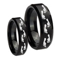 Foot Print Beveled Edges Brush Black Tungsten Wedding Ring Sets