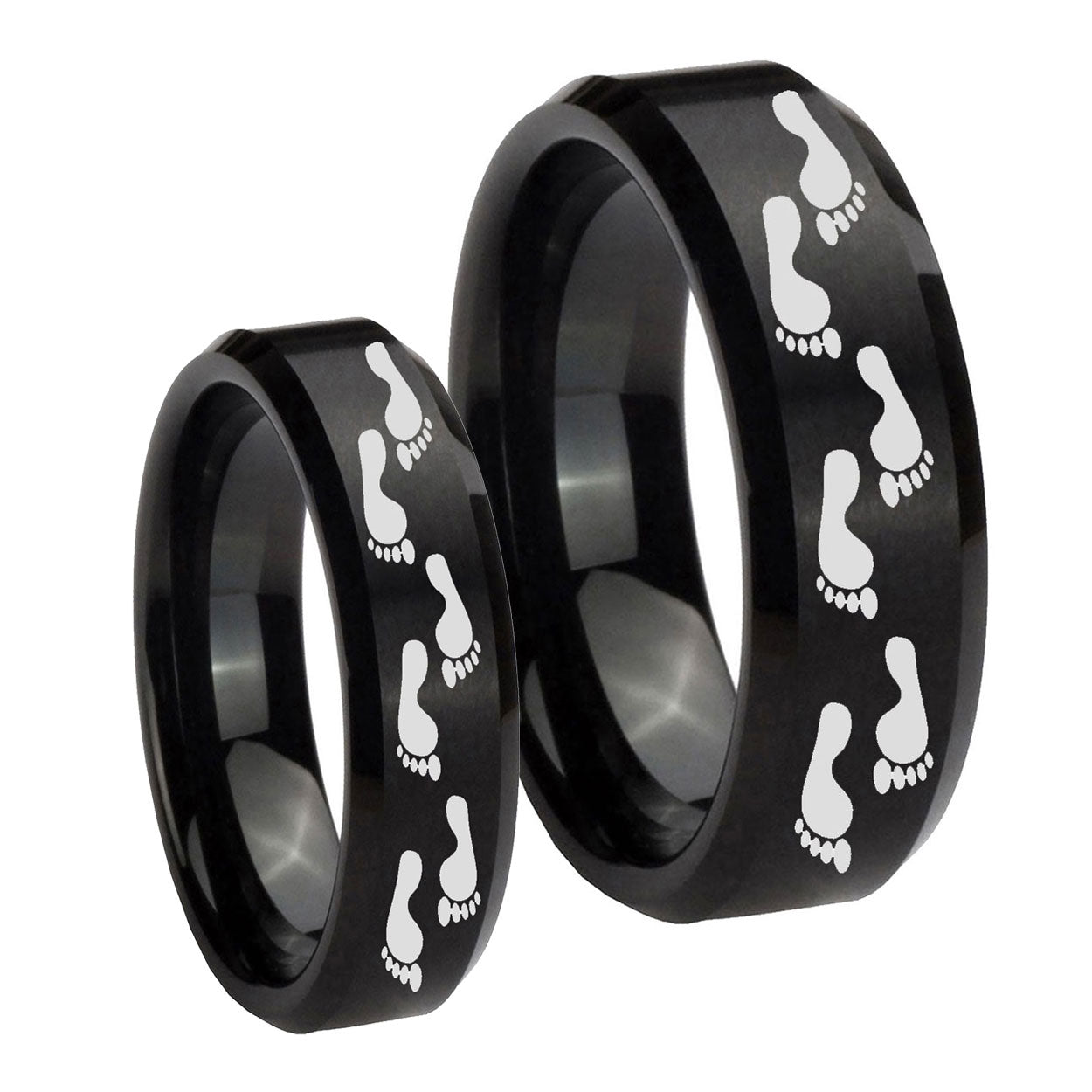 Foot Print Beveled Edges Brush Black Tungsten Wedding Ring Sets