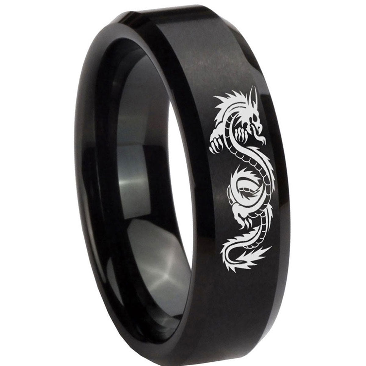 10mm Dragon Beveled Edges Brush Black Tungsten Carbide Men's Wedding Band