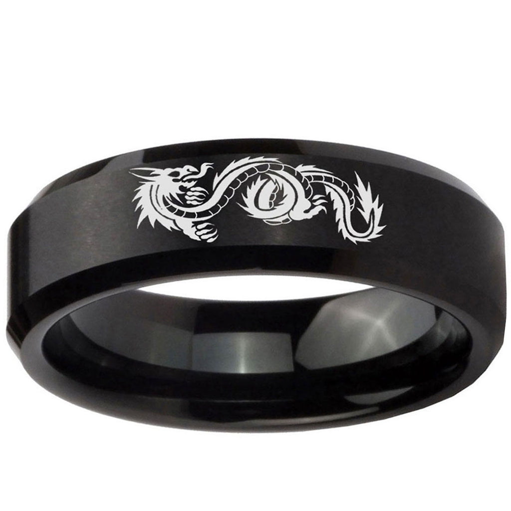 10mm Dragon Beveled Edge Brush Black Tungsten Ring