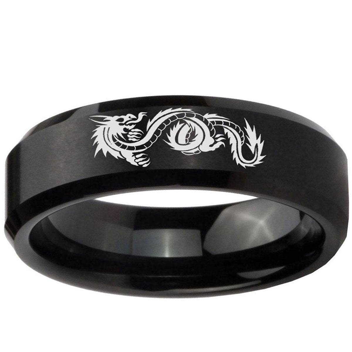 10mm Dragon Beveled Edge Brush Black Tungsten Ring