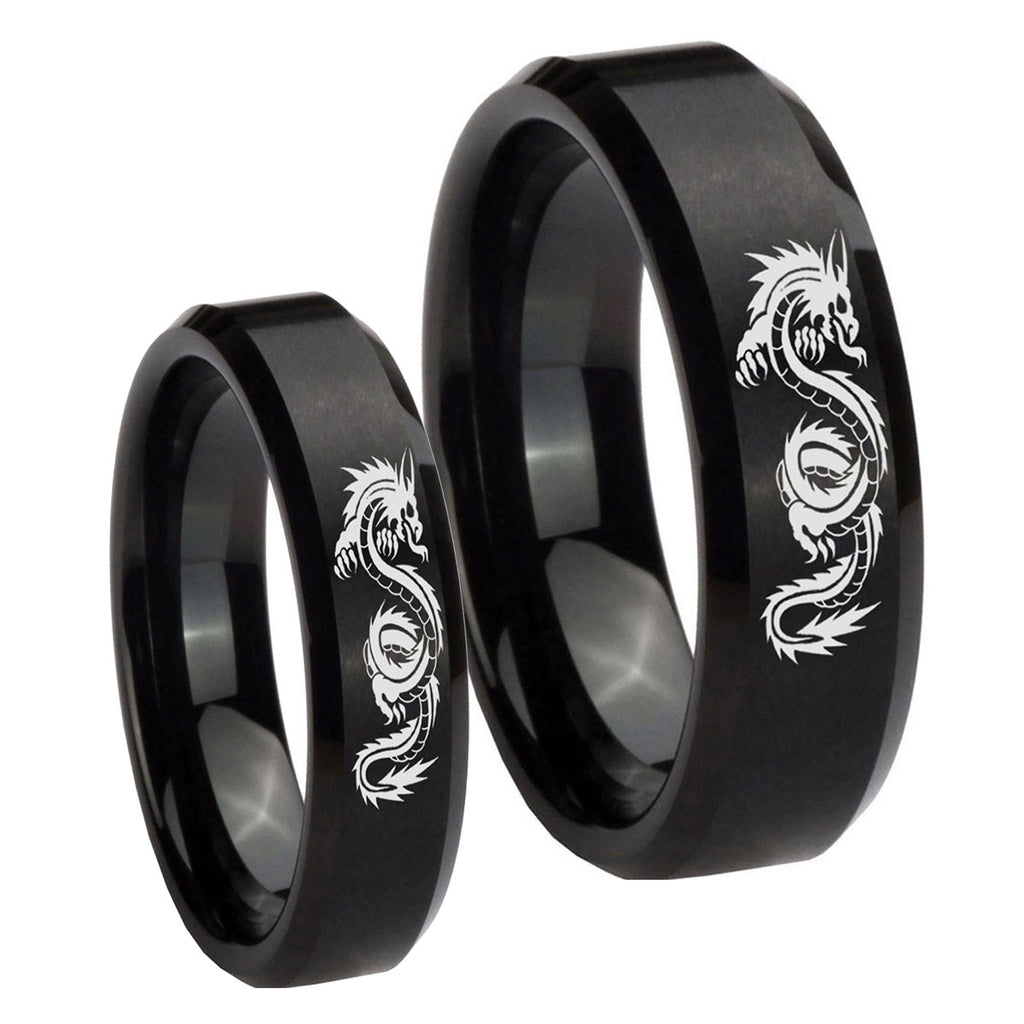 Dragon Beveled Edges Brush Black Tungsten Bridal Band Set
