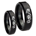 Dragon Beveled Edges Brush Black Tungsten Bridal Band Set