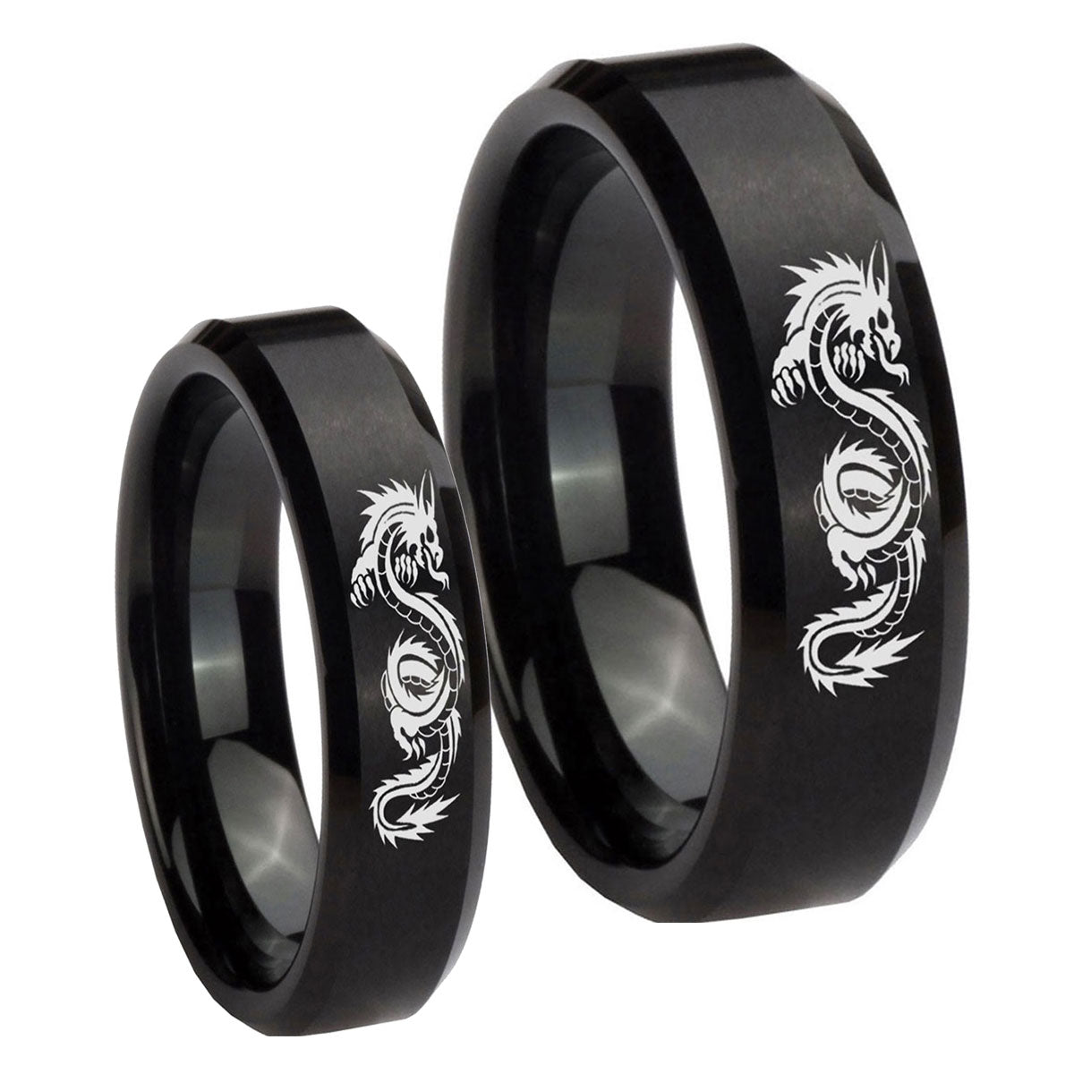 Dragon Beveled Edges Brush Black Tungsten Bridal Band Set