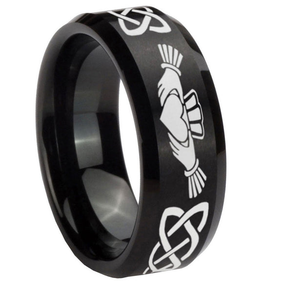 8mm-Irish-Claddagh-Beveled-Edges-Brush-Black-Tungsten-Carbide-Men's-Ring