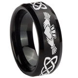 8mm-Irish-Claddagh-Beveled-Edges-Brush-Black-Tungsten-Carbide-Men's-Ring