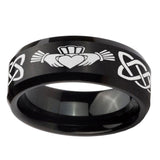 8mm-Irish-Claddagh-Beveled-Edges-Brush-Black-Tungsten-Carbide-Men's-Ring