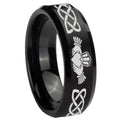 10mm Irish Claddagh Beveled Edges Brush Black Tungsten Carbide Mens Ring Engraved
