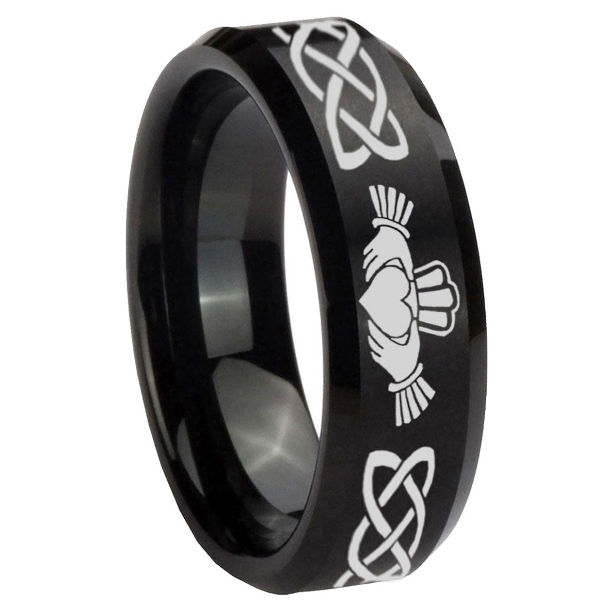 10mm Irish Claddagh Beveled Edges Brush Black Tungsten Carbide Mens Ring Engraved