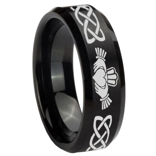 10mm Irish Claddagh Beveled Edges Brush Black Tungsten Carbide Mens Ring Engraved