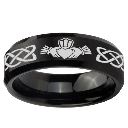 10mm Irish Claddagh Beveled Edge Brush Black Tungsten Ring
