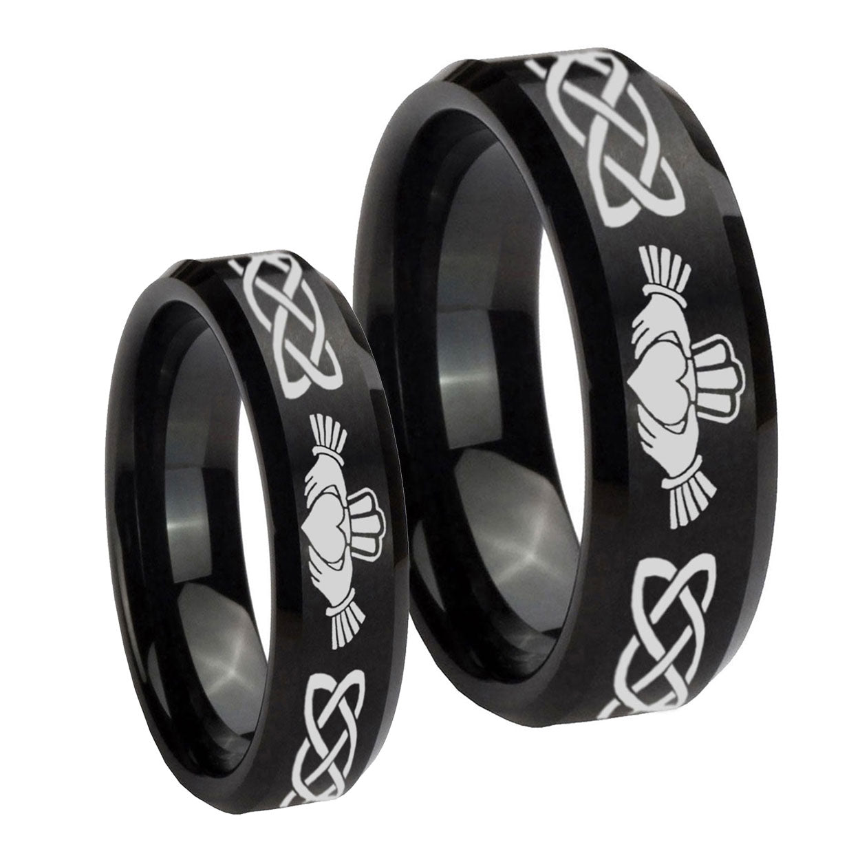 Irish Claddagh Beveled Edges Brush Black Tungsten Wedding Ring Set