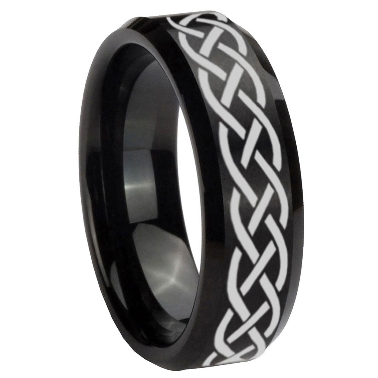 10mm Celtic Knot Beveled Edges Brush Black Tungsten Men's Engagement Ring