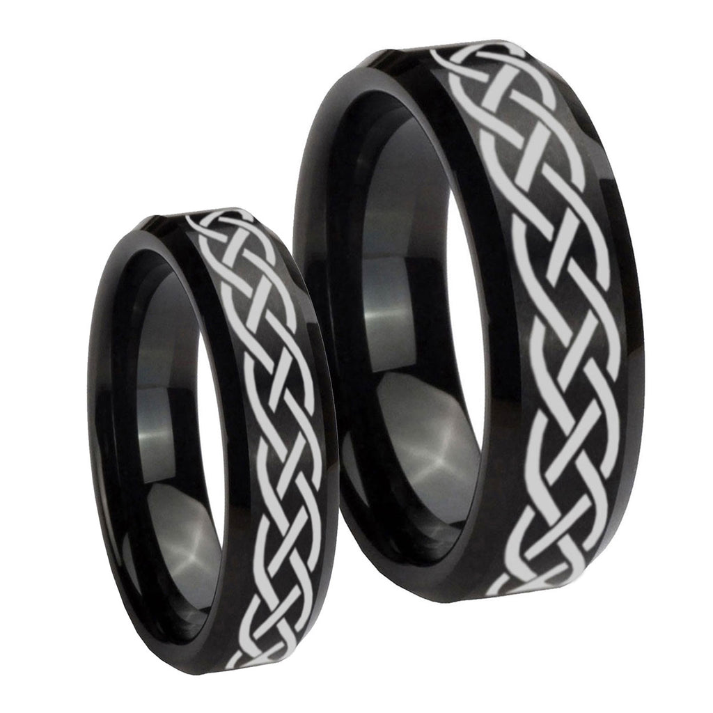Celtic Knot Beveled Edges Brush Black Tungsten Wedding Set Ring