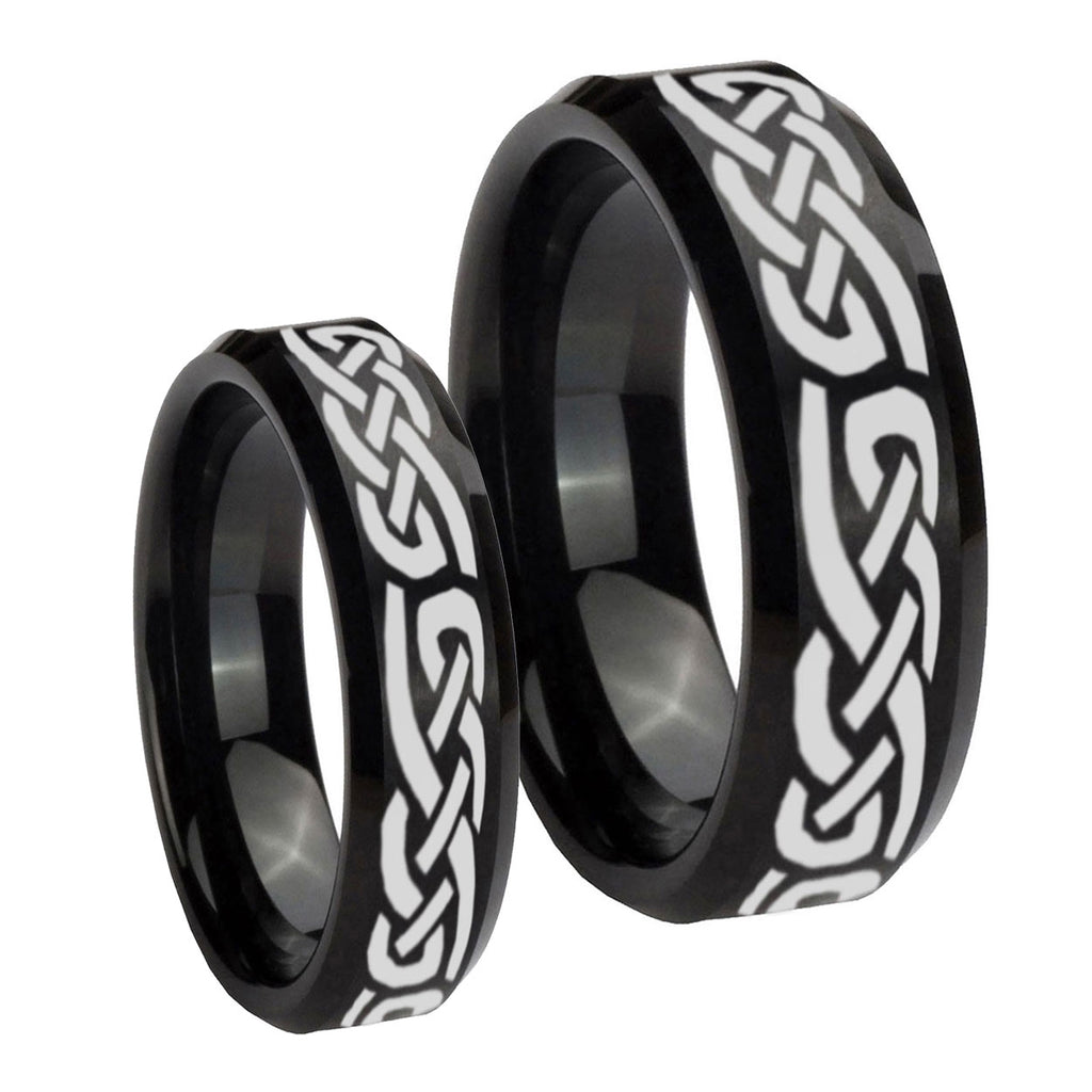 Celtic Knot Infinity Love Beveled Edges Brush Black Tungsten His And Hers Ring