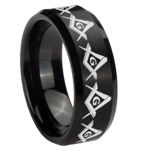 10mm-Masonic-Square-and-Compass-Beveled-Edges-Brush-Black-Tungsten-Men's-Engagement-Ring