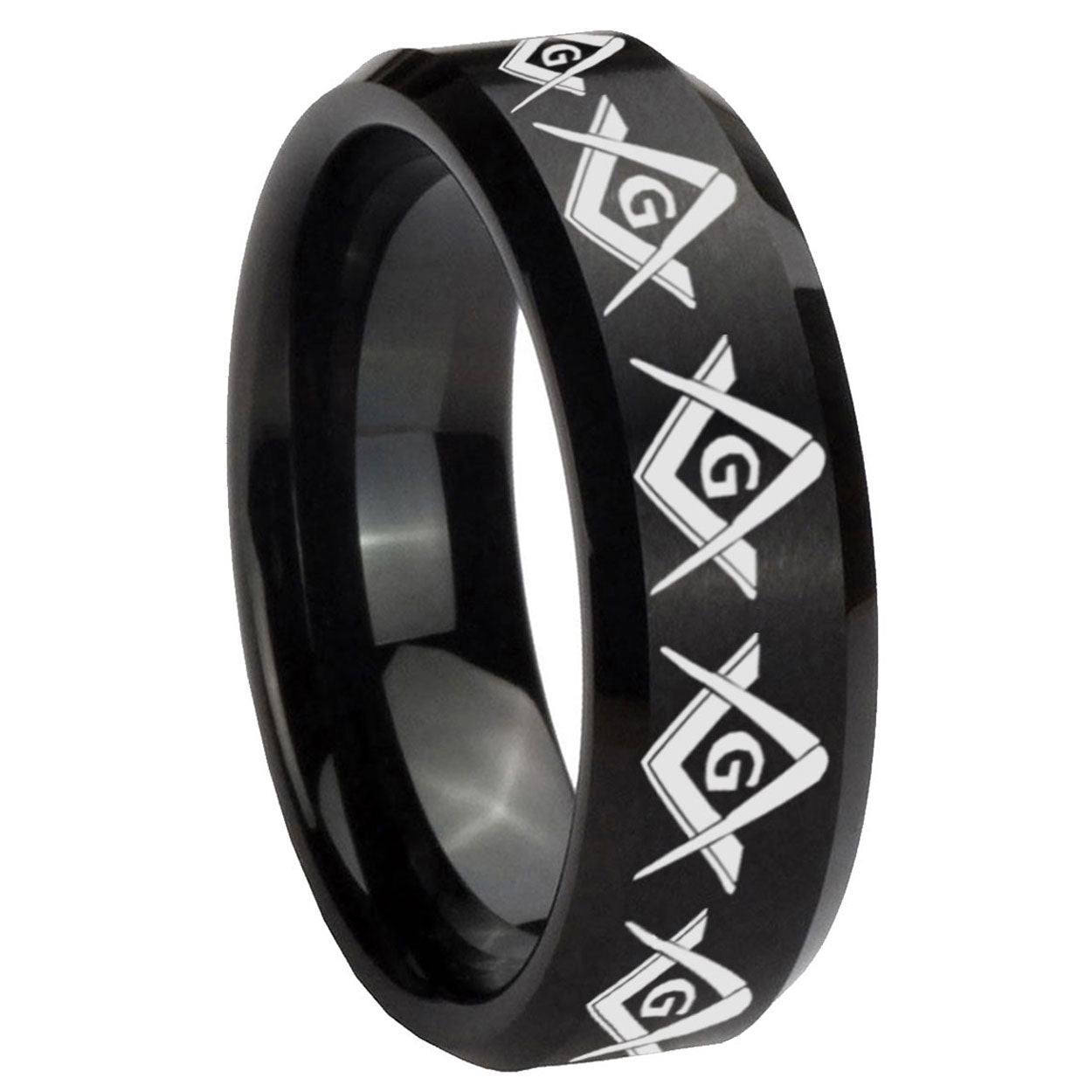 8MM Masonic Square and Compass Beveled Brushed Black Tungsten Band