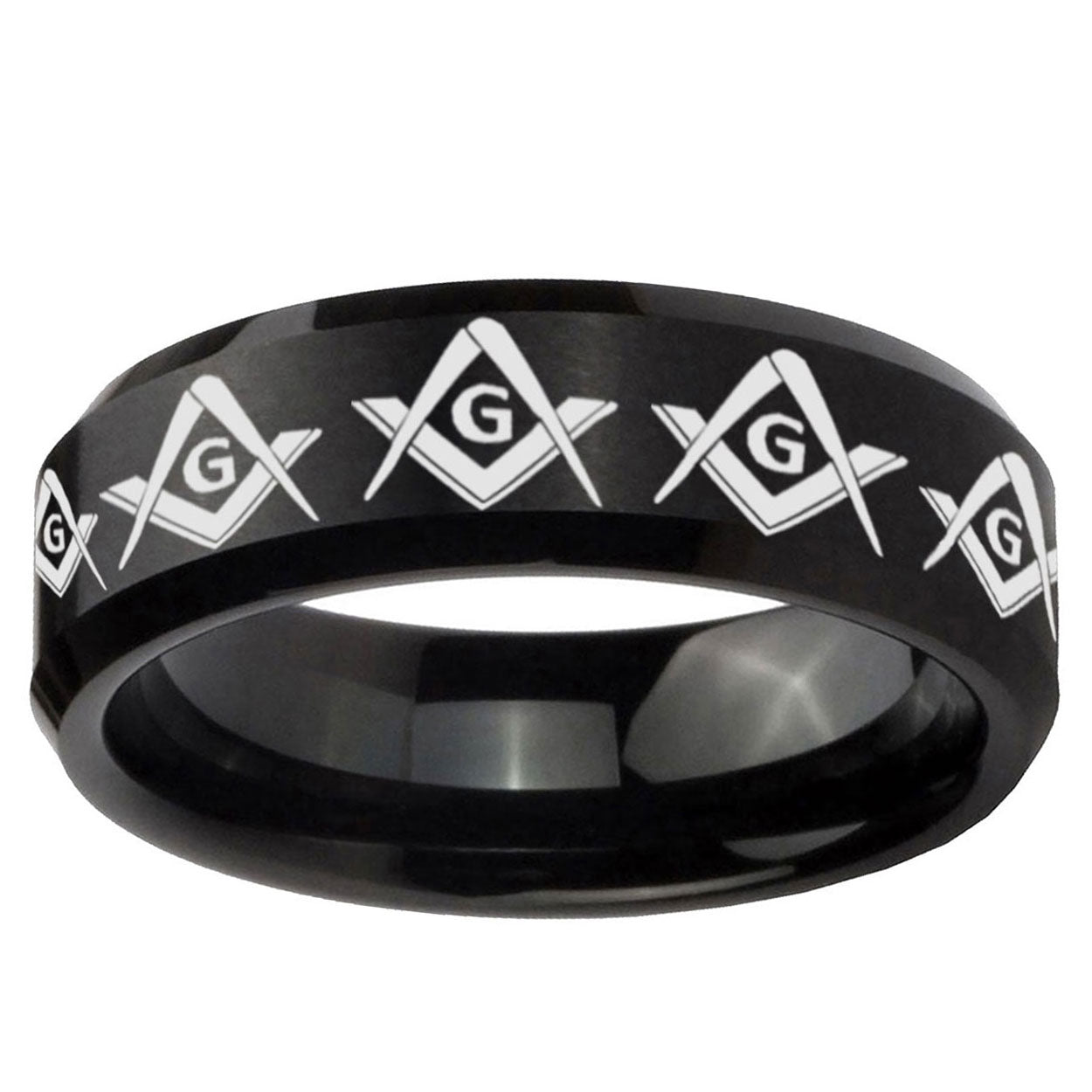 5MM Masonic Square and Compass Beveled Brushed Black Tungsten Band