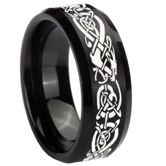 8mm-Celtic-Knot-Dragon-Beveled-Edges-Brush-Black-Tungsten-Carbide-Men's-Ring