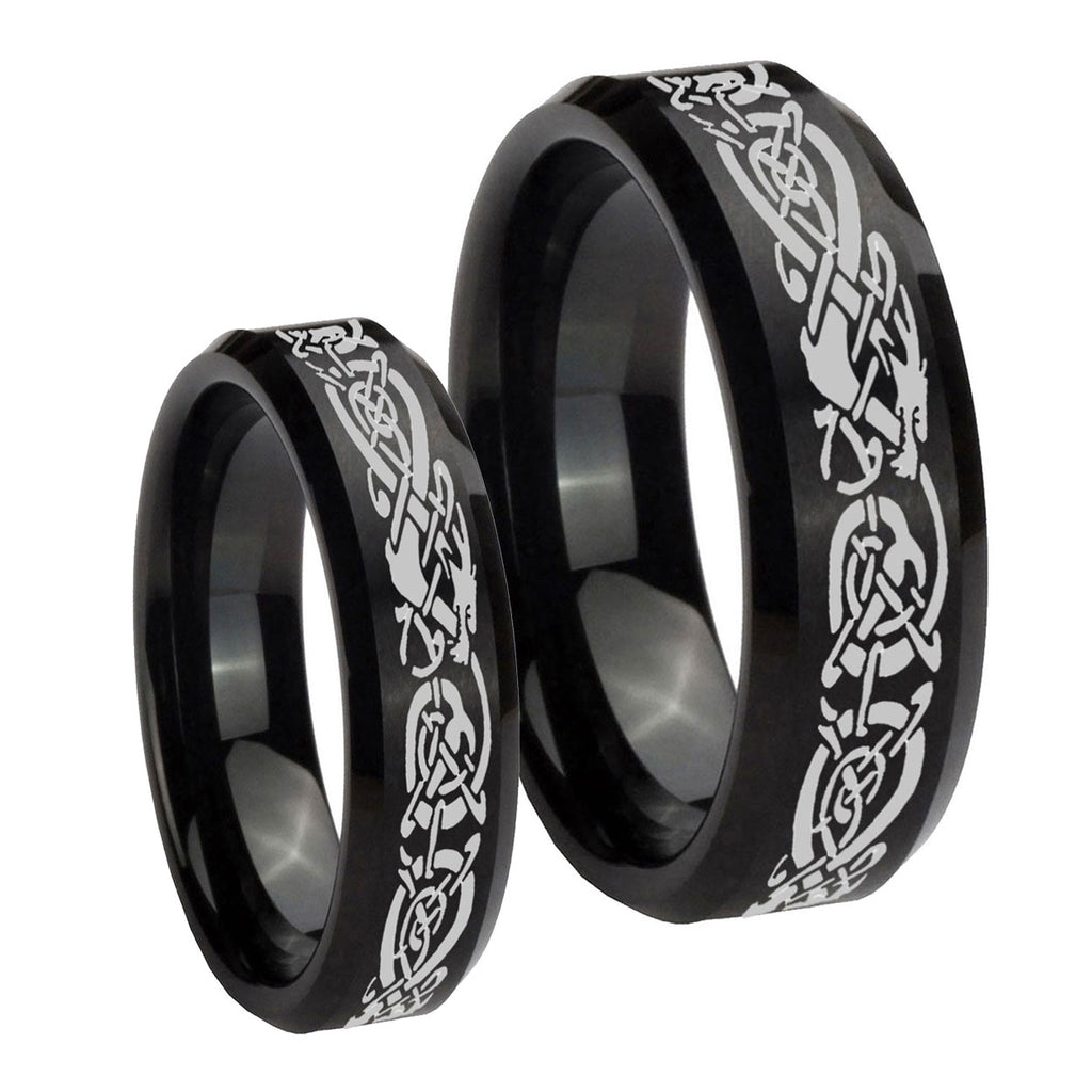 Celtic Knot Dragon Beveled Brush Black Tungsten Bridal Band Set
