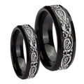 Celtic Knot Dragon Beveled Brush Black Tungsten Bridal Band Set