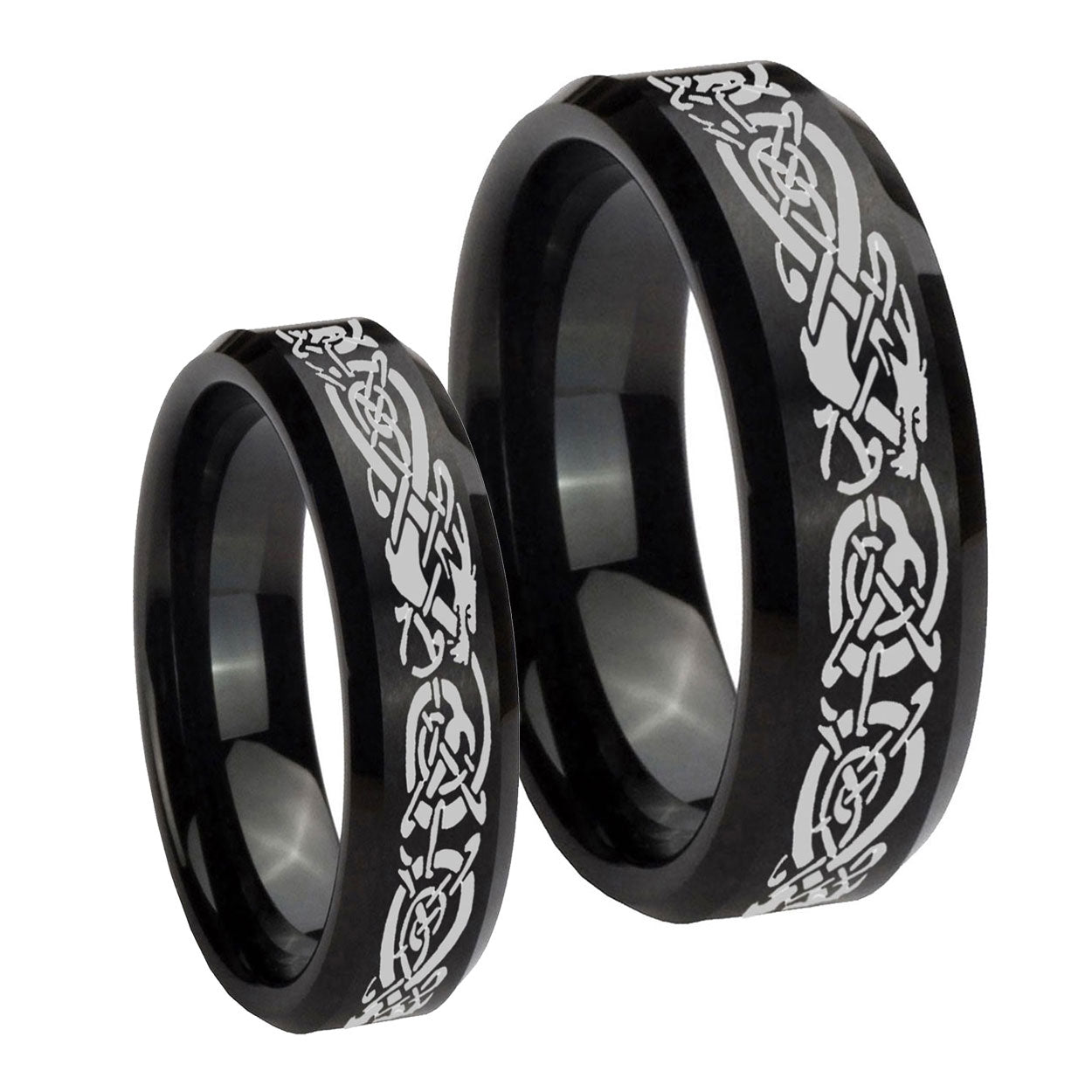 Celtic Knot Dragon Beveled Brush Black Tungsten Bridal Band Set