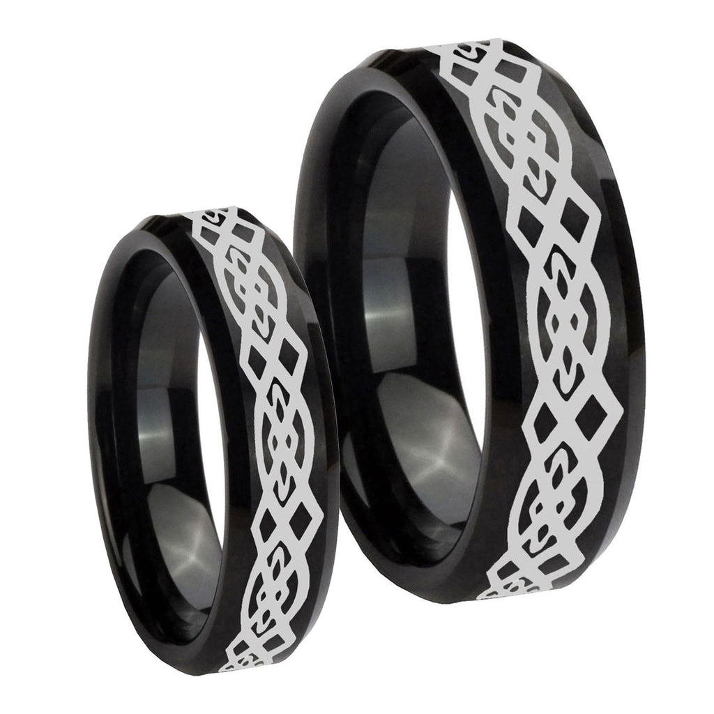 Celtic Knot Beveled Edges Brush Black Tungsten Bridal Set Ring