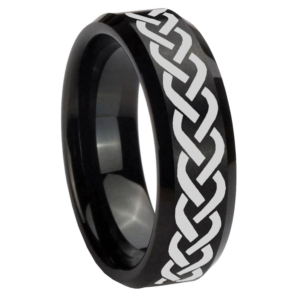10mm Laser Celtic Knot Beveled Edges Brush Black Tungsten Men's Engagement Ring