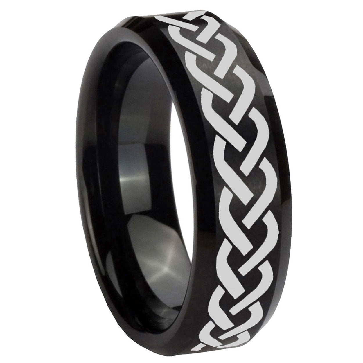 8MM Laser Celtic Knot Beveled Brushed Black Tungsten Mens Ring