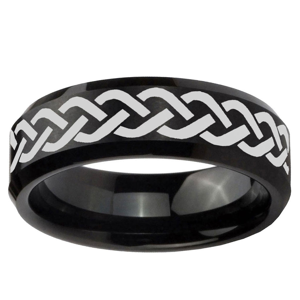 10mm Laser Celtic Knot Beveled Edge Brush Black Tungsten Ring