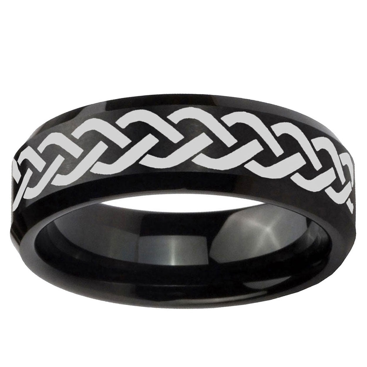 5MM Laser Celtic Knot Beveled Brushed Black Tungsten Mens Ring