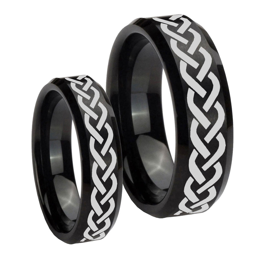 Laser Celtic Knot Beveled Edges Brush Black Tungsten Matching Ring Set