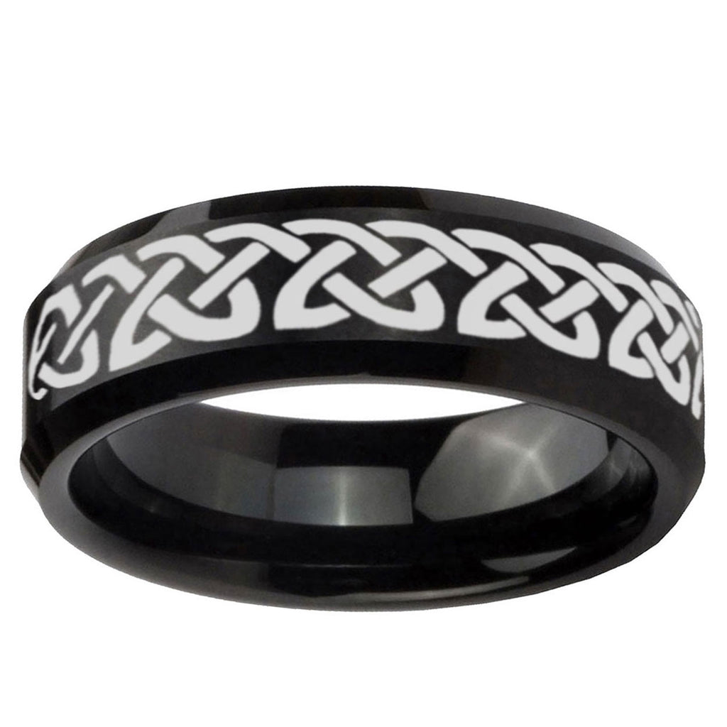 10mm Celtic Knot Love Beveled Edge Brush Black Tungsten Ring