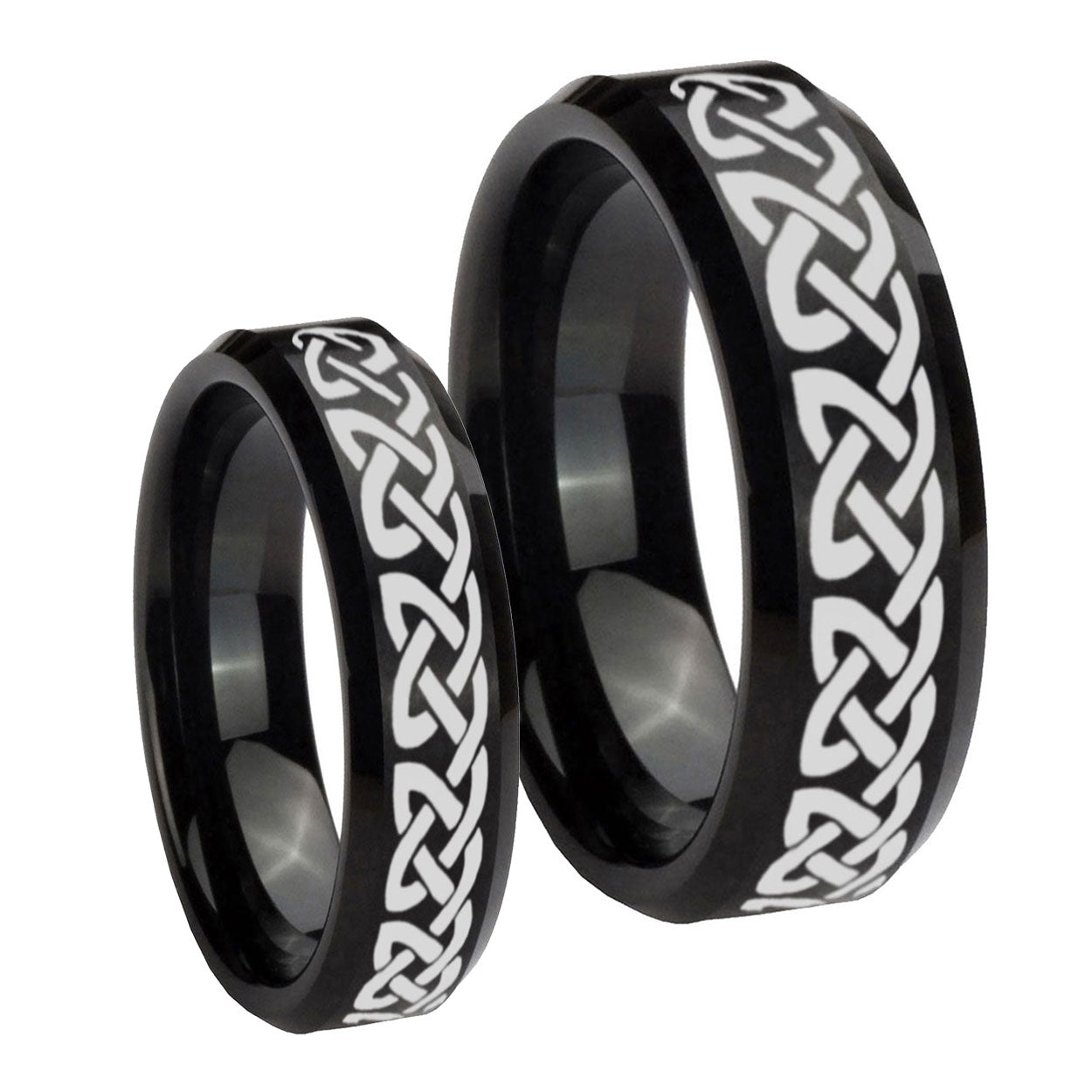 Celtic Knot Love Beveled Edges Brush Black Tungsten Couple Band Set