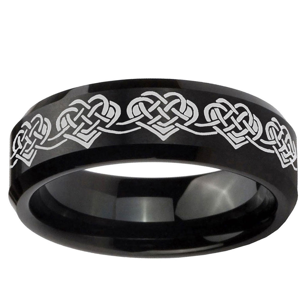 10mm Celtic Knot Heart Beveled Edge Brush Black Tungsten Ring