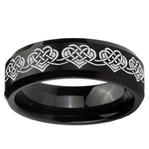 10mm Celtic Knot Heart Beveled Edge Brush Black Tungsten Ring