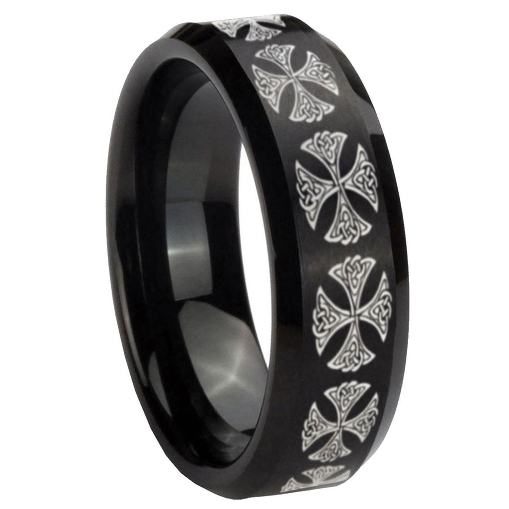10mm Medieval Cross Beveled Edges Brush Black Tungsten Men's Engagement Ring