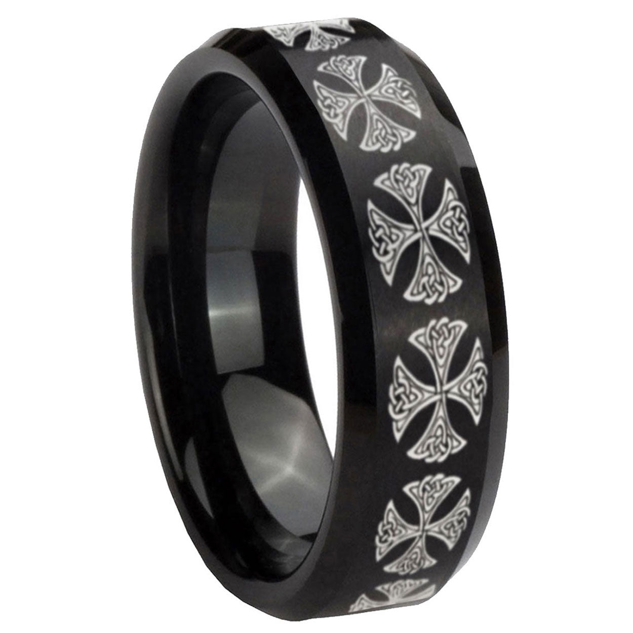8MM Medieval Cross Beveled Brushed Black Tungsten Wedding Band For Men