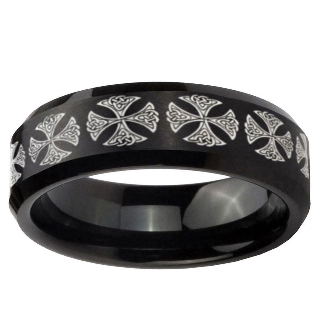 10mm Medieval Cross Beveled Edge Brush Black Tungsten Ring