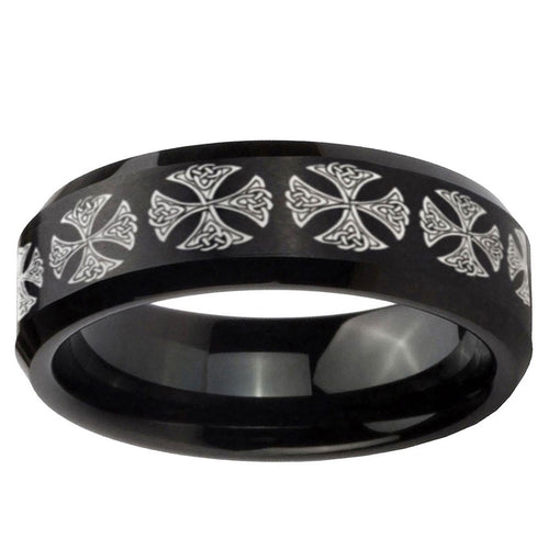 10mm Medieval Cross Beveled Edge Brush Black Tungsten Ring