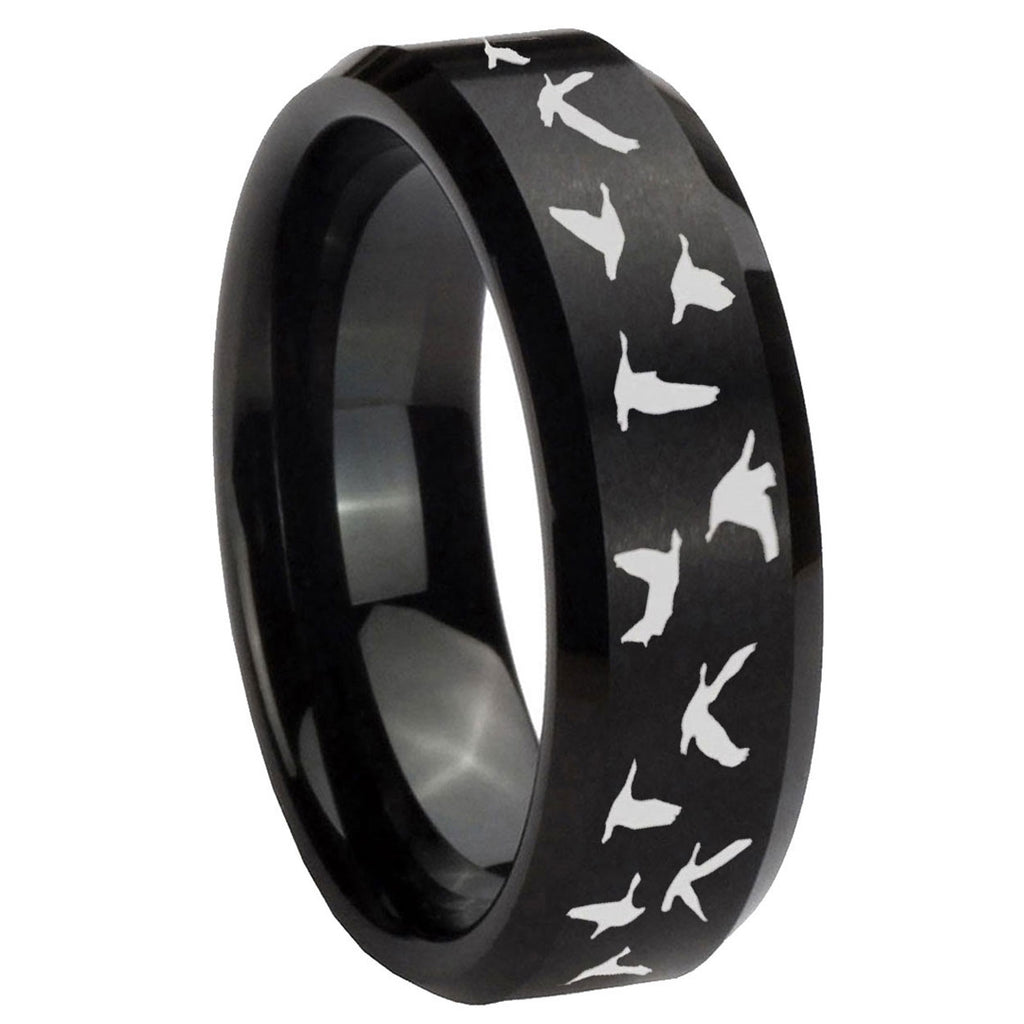 10mm Flying Geese Hunting Beveled Edges Brush Black Tungsten Men's Engagement Ring