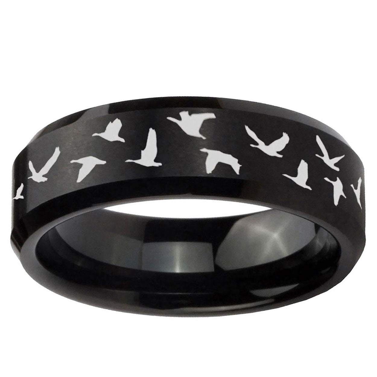 10mm Flying Geese Hunting Beveled Edge Brush Black Tungsten Ring