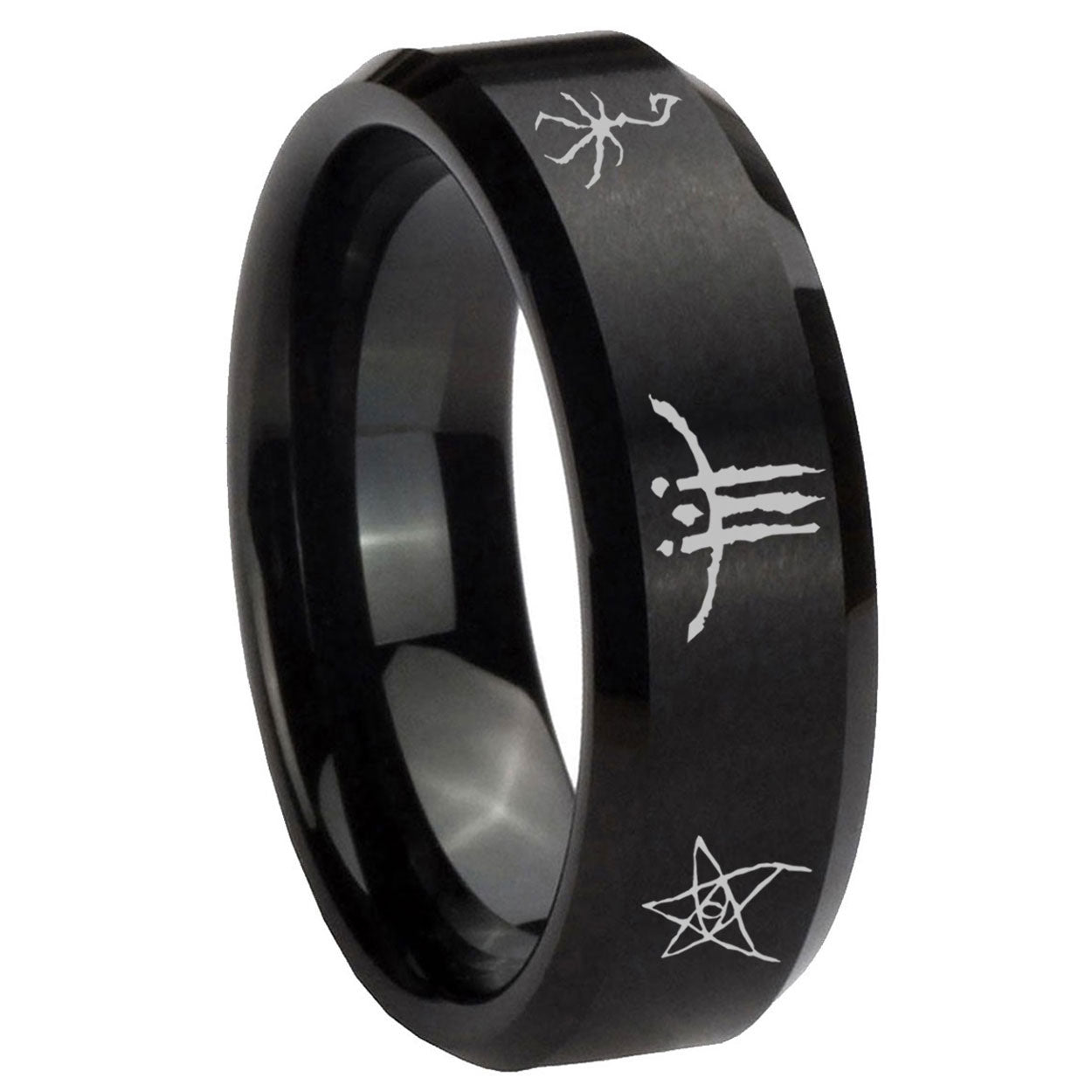 8MM Blackborne Caryll Runes Beveled Brushed Black Tungsten Wedding Band