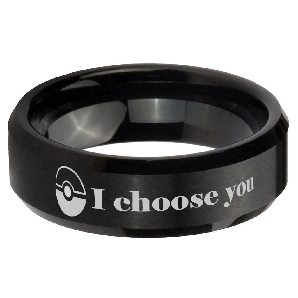 5MM Pokeball Pokemon Beveled Brushed Black Tungsten Wedding Band