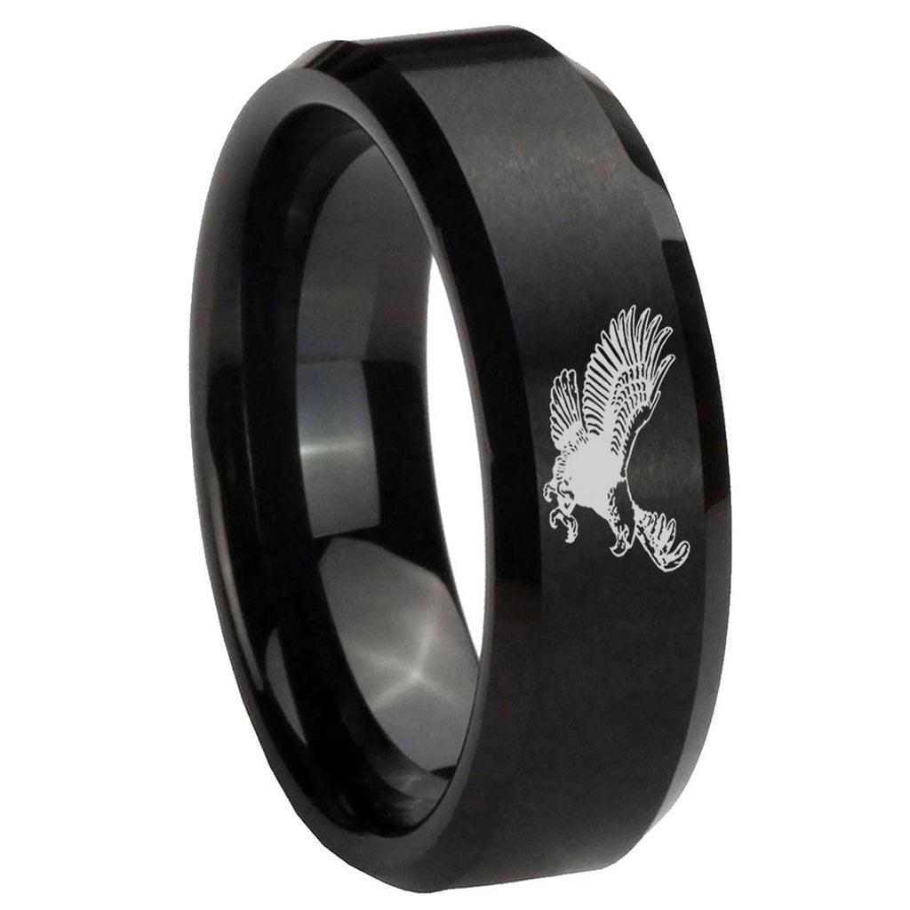 8MM Flying American Eagle Beveled Brushed Black Tungsten Wedding Band